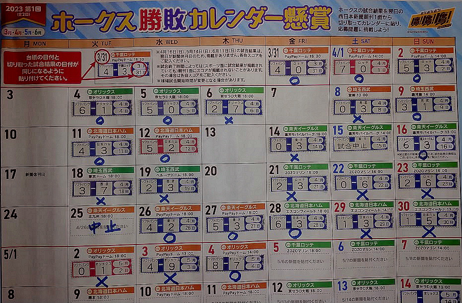 ソフトバンクホークス勝敗カレンダー